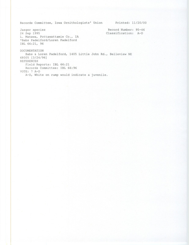 Records Committee review of a Jaeger species bird at Lake Manawa in Pottawattamie County, Iowa in September 24, 1995. Includes a record review document with votes and a documentation form submitted to the committee.