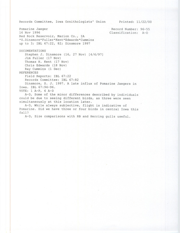 Records Committee review for one to two Pomarine Jaegers at Red Rock Reservoir in Marion County, IA on November 16, 1996. Includes a record review document with votes, an article of Iowa Bird Life, and five documentation forms submitted to the committee.