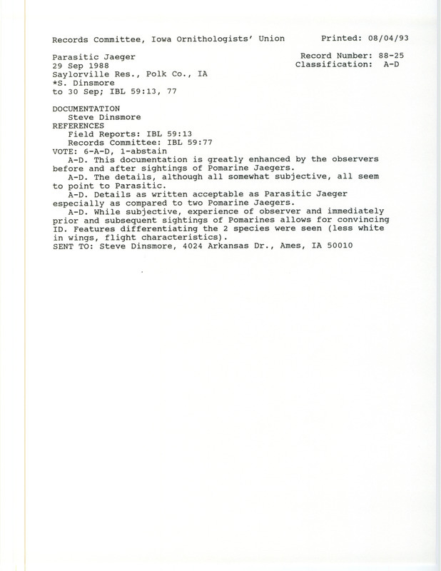 Records Committee review of a Parasitic Jaeger at Saylorville Reservoir in Polk County, IA on September 29, 1988. Includes a record review document with votes and a documentation form submitted to the committee.