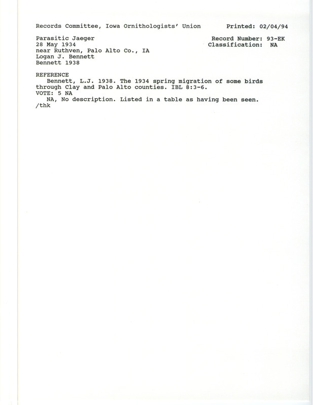 Records Committee review for a Parasitic Jaeger near Ruthven in Palo Alto County, IA from May 28, 1934. Includes a record review document with votes and the original sighting record found in the publication The 1934 spring migration of some birds through Clay and Palo Alto Counties in Iowa Bird Life 8:3-6 by L.J. Bennett.