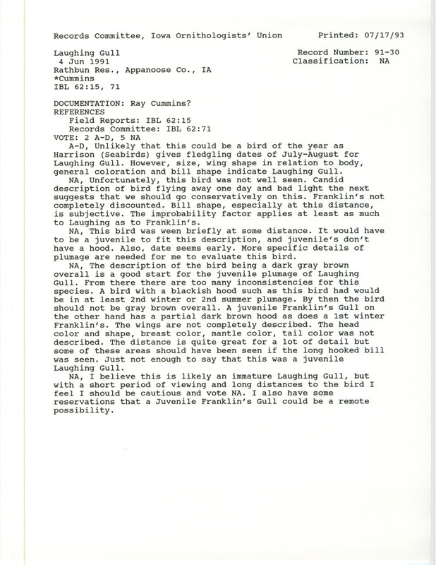 Records Committee review for a Laughing Gull at Lake Rathbun in Appanoose County, IA on June 4, 1991. Includes a record review document with votes and a documentation form submitted to the committee.