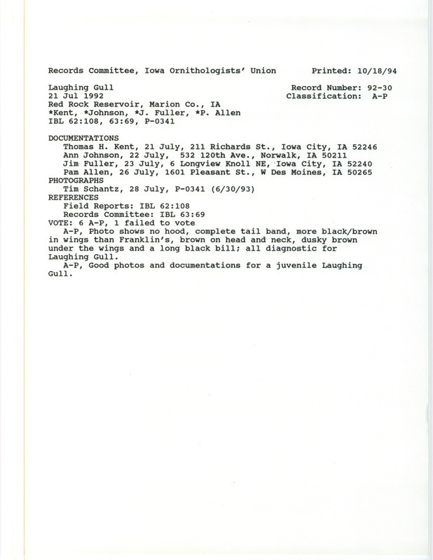 Records Committee review for a Laughing Gull at Red Rock Dam in Marion County, IA on July 21, 1992. Includes a record review document with votes, two photographs, and five documentation forms submitted to the committee.