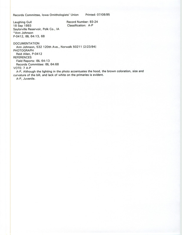 Records Committee review for a Laughing Gull at Saylorville Dam in Polk County, IA on September 18, 1993. Includes a record review document with votes, a photograph, and a documentation form submitted to the committee.