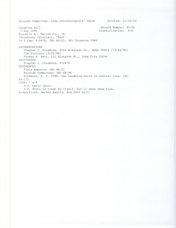 Records Committee review for a Laughing Gull at Runnells Wildlife Area in Marion County, IA on September 3, 1995. Includes a record review document with votes, a photograph, an article in Iowa Bird Life, and three documentation forms submitted to the committee.