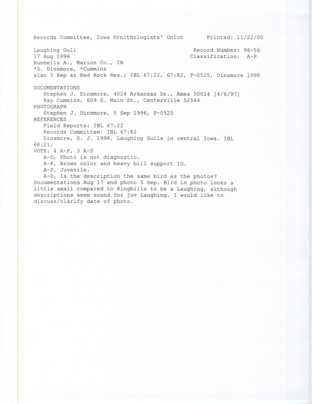 Records Committee review for a Laughing Gull at Runnells Wildlife Area in Marion County, IA on August 17, 1996. Includes a record review document with votes, an article in Iowa Bird Life, a photograph, and two documentation forms submitted to the committee.