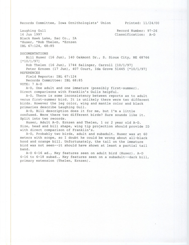 Records Committee review for a Laughing Gull at the southeastern corner of Black Hawk Lake in Sac County, IA on June 16, 1997. Includes a record review document with votes, sight record, and two documentation forms submitted to the committee.