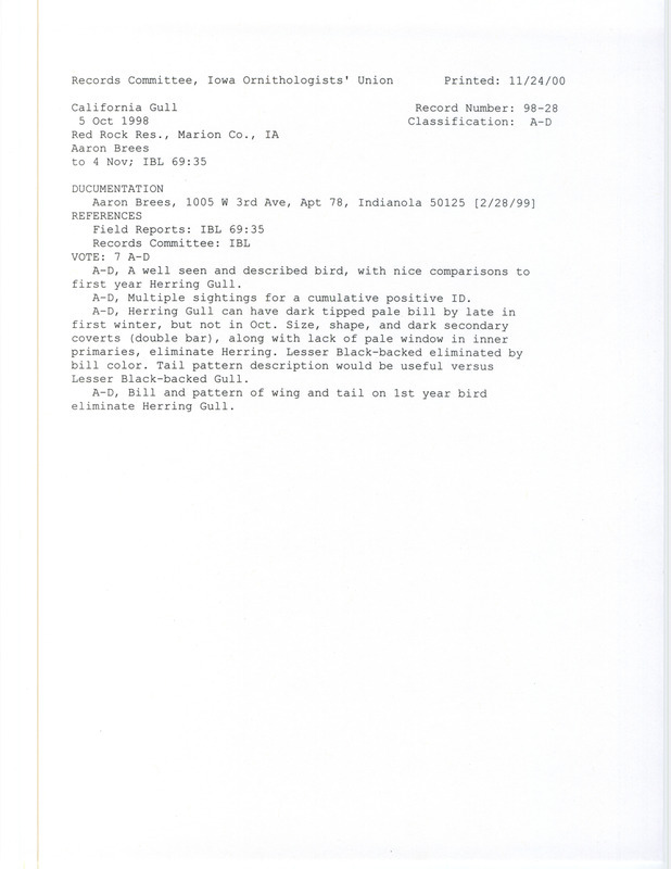 Records Committee review of a California Gull at Red Rock Lake in Marion County, IA on October 5 to November 4, 1998. Includes a record review document with votes and a documentation submitted to the committee.