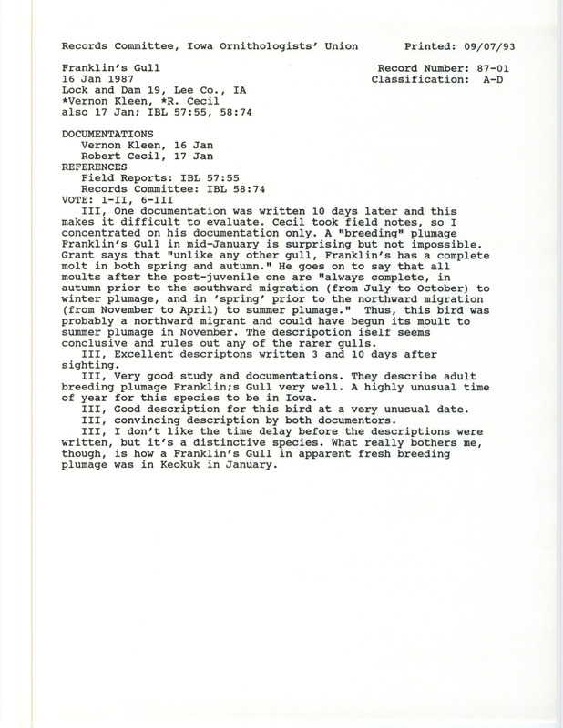 Records Committee review for a Franklin's Gull at Lock and Dam 19 in Keokuk in Lee County, IA on January 16, 1987. Includes a record review document with votes and two documentation forms submitted to the committee.