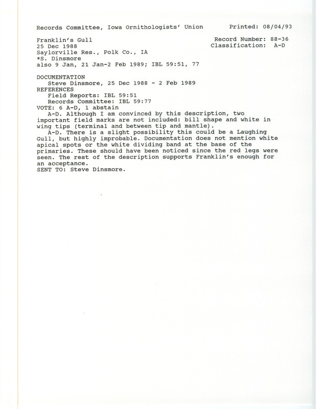 Records Committee review for one to two Franklin's Gulls in Saylorville Reservoir in Polk County, IA on December 25, 1988. Includes a record review document with votes and a documentation form submitted to the committee.