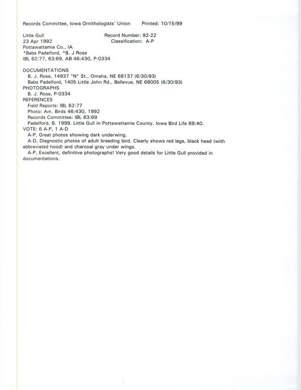 Records Committee review for a Little Gull south of Council Bluffs in Pottawattamie County, IA on April 23, 1992. Includes a record review document with votes, three photographs, articles in Iowa Bird Life and American Birds, and two documentation forms submitted to the committee.