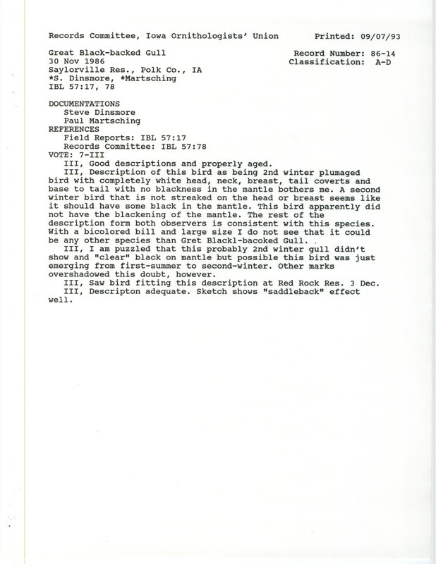 Records Committee review for a Great Black-backed Gull at Saylorville Reservoir in Polk County, IA on November 30, 1986. Includes a record review document with votes, a summary of the review, and two documentation forms submitted to the committee.