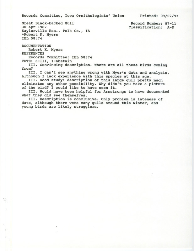 Records Committee review for a Great Black-backed Gull at Saylorville Reservoir in Polk County, IA on April 30, 1987. Includes a record review document with votes and a documentation form submitted to the committee.