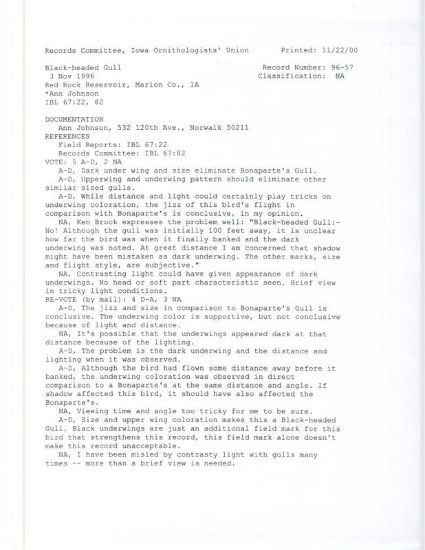 Records Committee review for a Black-headed Gull at Red Rock Reservoir in Marion County, IA on November 3, 1996. Includes a record review document with votes and a documentation form submitted to the committee.