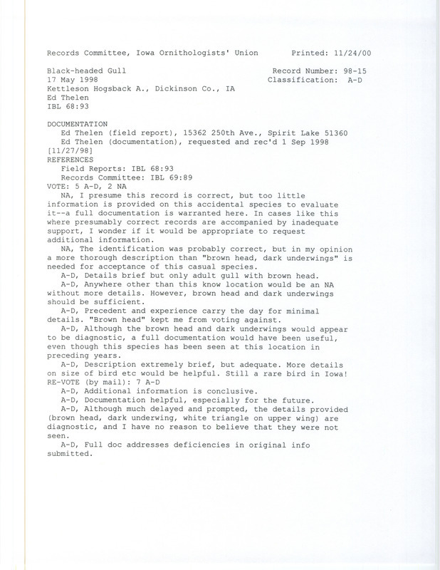 Records Committee review for a Black-headed Gull at Kettleson Hogsback Area in Dickinson County, IA on May 17, 1998. Includes a record review document with votes, a field report, and a documentation form submitted to the committee.