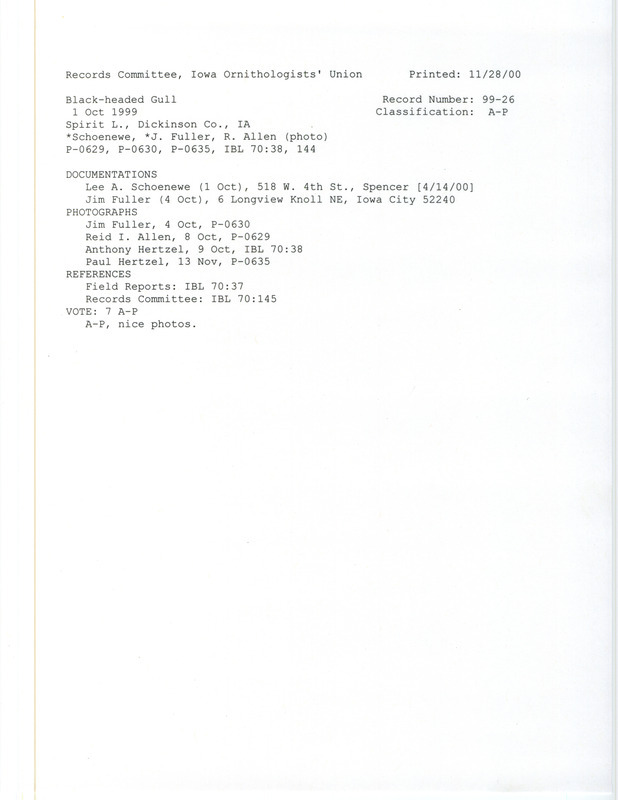 Records Committee review for a Black-headed Gull at Spirit Lake in Dickinson County, IA on October 1, 1999. Includes a record review document with votes, two photographs, and two documentation forms submitted to the committee.