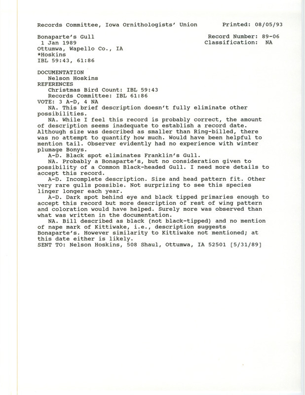 Records Committee review for a Bonaparte's Gull at Ottumwa in Wapello County, IA on January 1, 1989. Includes a record review document with votes and a documentation form submitted to the committee.