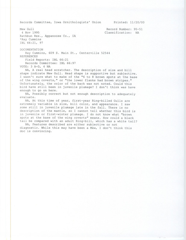 Records Committee review of a Mew Gull at Lake Rathbun in Appanoose County, IA on November 4, 1995. Includes a record review document with votes and a documentation form submitted to the committee.