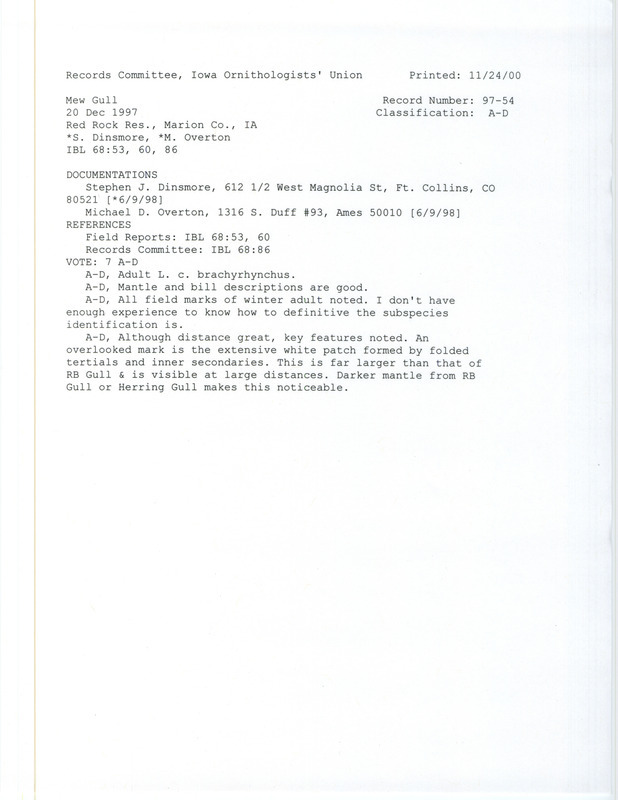 Records Committee review for a Mew Gull at Red Rock Reservoir Dam in Marion County, IA on December 20, 1997. Includes a record review document with votes and two documentation forms submitted to the committee.