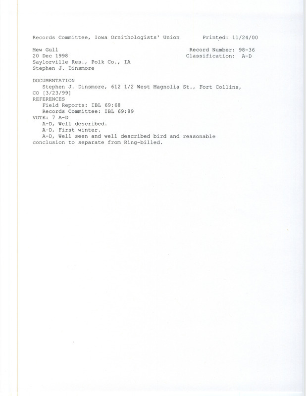 Records Committee review for a Mew Gull at Saylorville Reservoir in Polk County, IA on December 20, 1998. Includes a record review document with votes and a documentation form submitted to the committee.