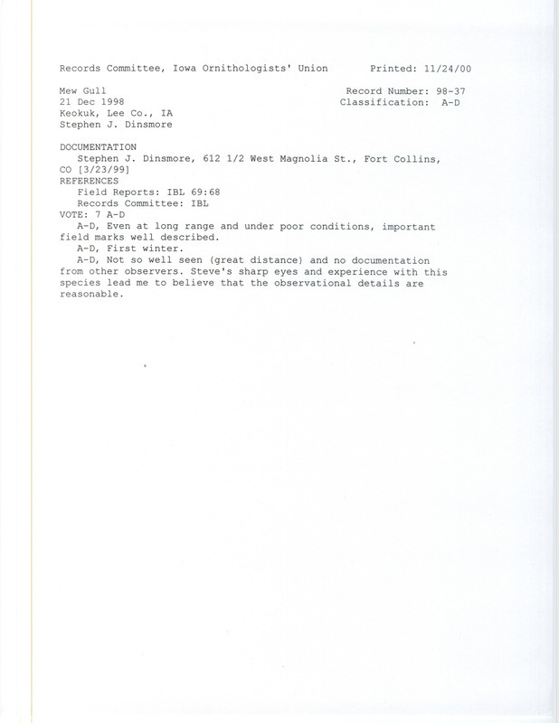 Records Committee review for a Mew Gull at Lock and Dam 19 at Keokuk in Lee County, IA on December 21, 1998. Includes a record review document with votes and a documentation form submitted to the committee.