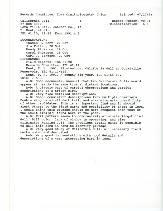 Records Committee review for a California Gull at Babcock Access at Coralville Reservoir in Johnson County, IA on October 27, 1990. Includes a record review document with votes, two articles in Iowa Bird Life, and five documentation forms submitted to the committee.