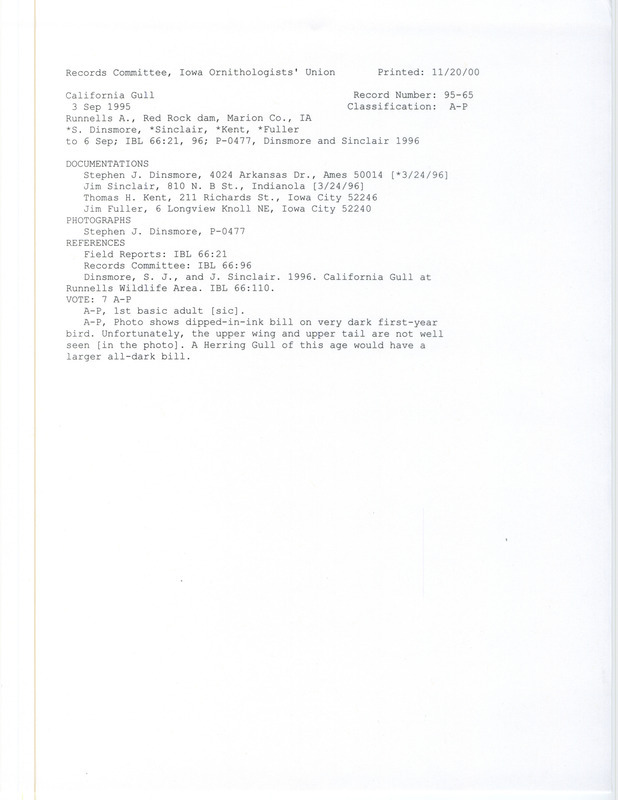 Records Committee review for a California Gull at Runnells Wildlife Area in Marion County, IA on September 3, 1995. Includes a record review document with votes, two photographs, an article in Iowa Bird Life, and four documentation forms submitted to the committee.