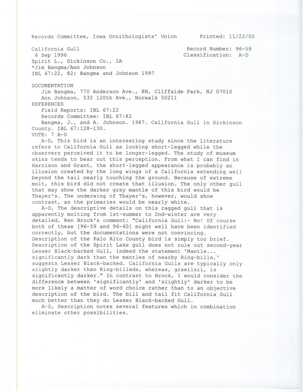 Records Committee review for a California Gull at Mini-Wakan State Park in Dickinson County, IA on September 6, 1996. Includes a record review document with votes, an article in Iowa Bird Life, and a documentation form submitted to the committee.