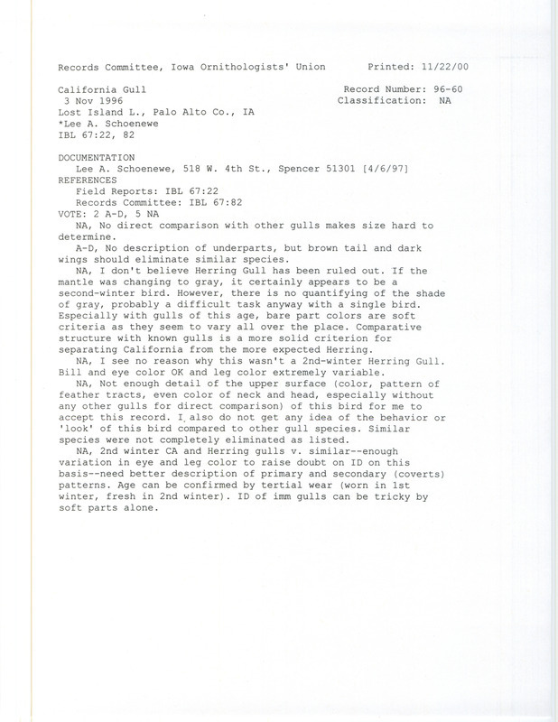 Records Committee review for a California Gull at Lost Island Lake in Palo Alto County, IA on November 3, 1996. Includes a record review document with votes and a documentation form submitted to the committee.