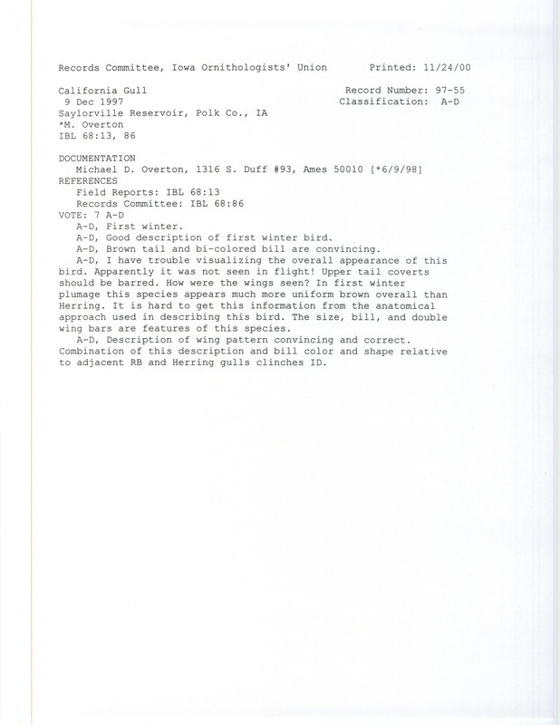 Records Committee review for a California Gull at Cherry Glen Recreation Area at Saylorville Reservoir in Polk County, IA on December 9, 1997. Includes a record review document with votes and a documentation form submitted to the committee.