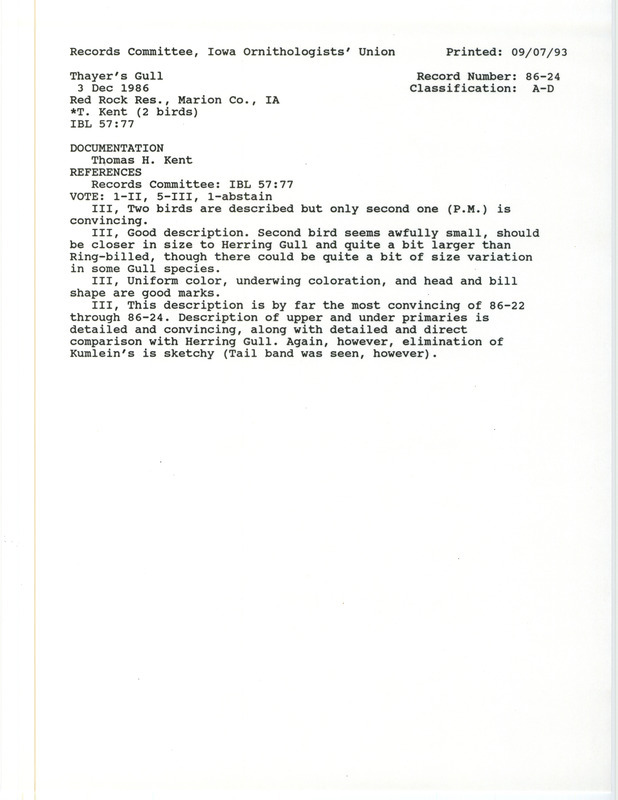 Records Committee review of two Thayer's Gulls at Red Rock Reservoir in Marion County, IA on December 3, 1986. Includes a record review document with votes and a documentation form submitted to the committee.