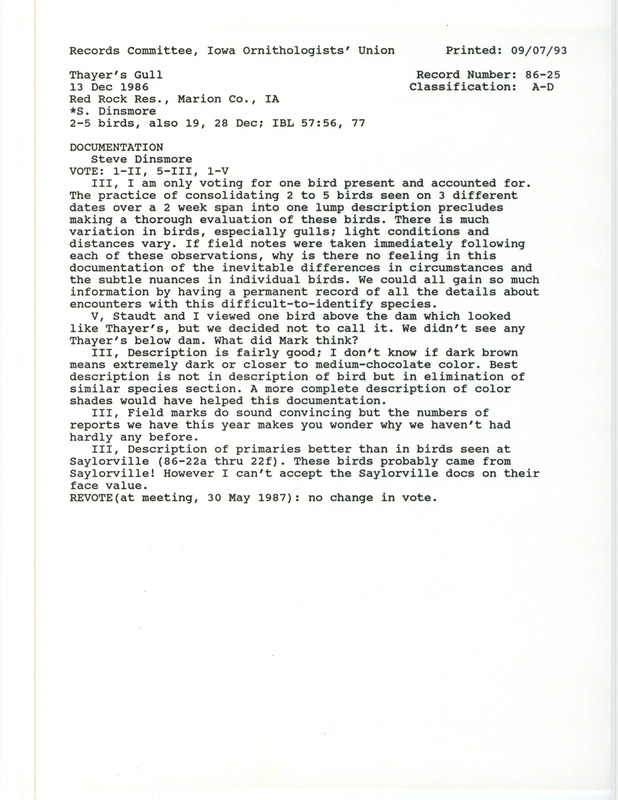 Records Committee review for two to five Thayer's Gulls at Red Rock Reservoir in Marion County, IA on December 13, 1986. Includes a record review document with votes, a summary of the review, and a documentation form submitted to the committee.