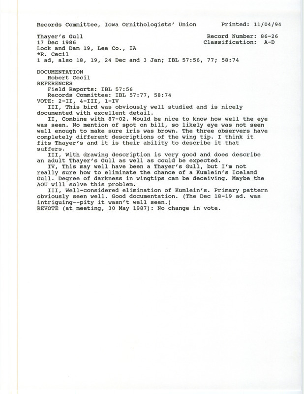 Records Committee review for a Thayer's Gull at Lock and Dam 19 in Keokuk in Lee County, IA on December 17, 1986. Includes a record review document with votes, summary of review, and a documentation form submitted to the committee.