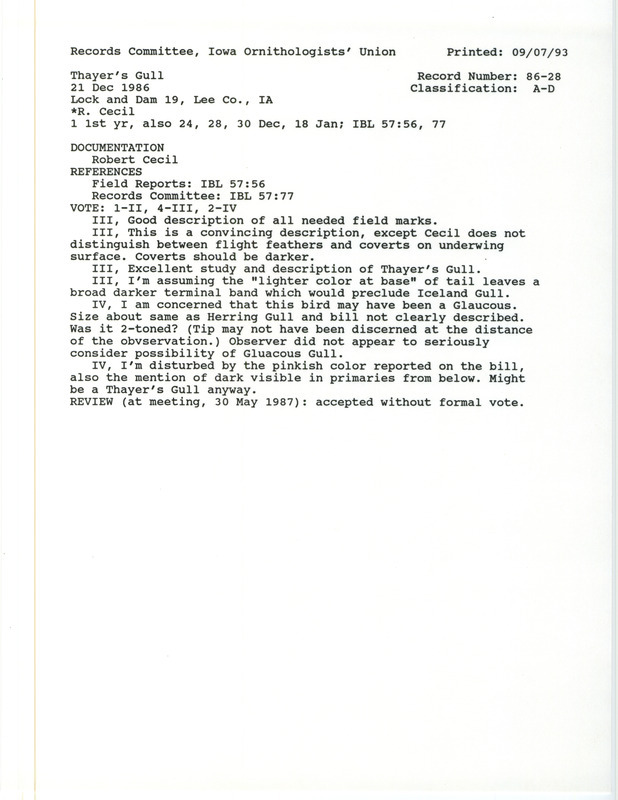 Records Committee review for a Thayer's Gull at Lock and Dam 19 in Keokuk in Lee County, IA on December 21, 1986. Includes a record review document with votes, a summary of the review, and a documentation form submitted to the committee.