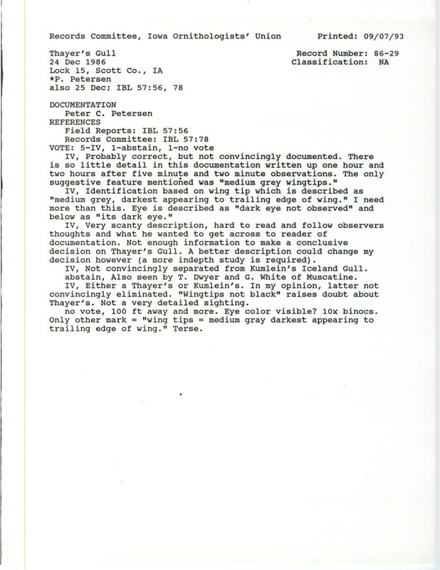 Records Committee review for a Thayer's Gull at Lock 15 in Davenport in Scott County, IA on December 24, 1986. Includes a record review document with votes and a documentation form submitted to the committee.