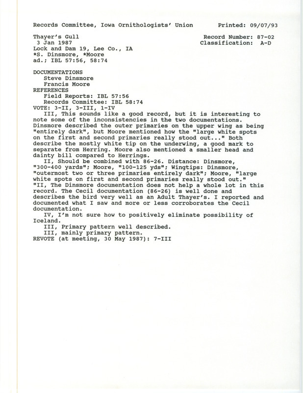 Records Committee review for a Thayer's Gull at Lock and Dam 19 in Keokuk in Lee County, IA on January 3, 1987. Includes a record review document with votes and two documentation forms submitted to the committee.