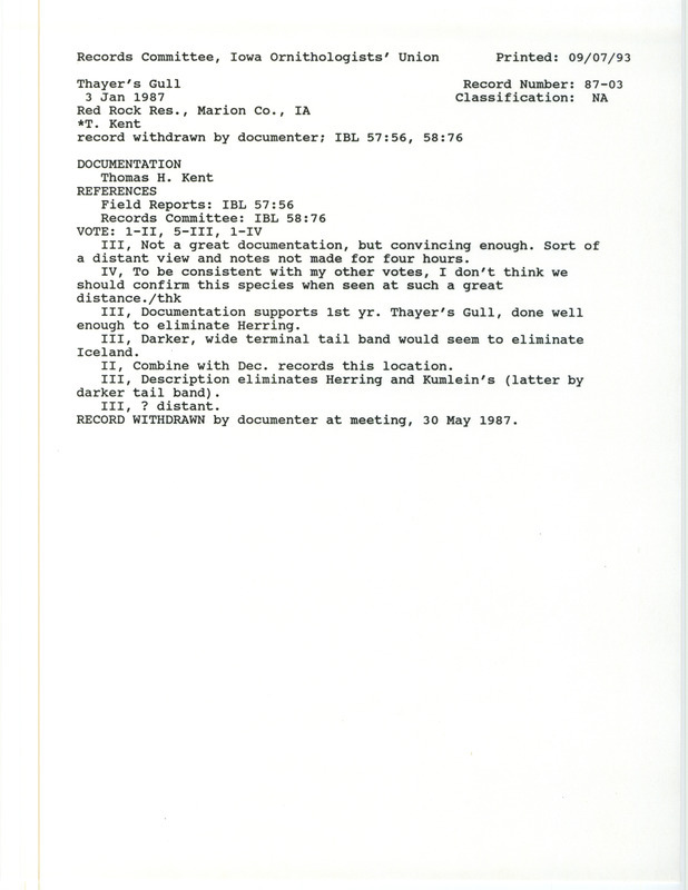 Records Committee review for a Thayer's Gull at Red Rock Reservoir in Marion County, IA on January 3, 1987. Includes a record review document with votes and a documentation form submitted to the committee.