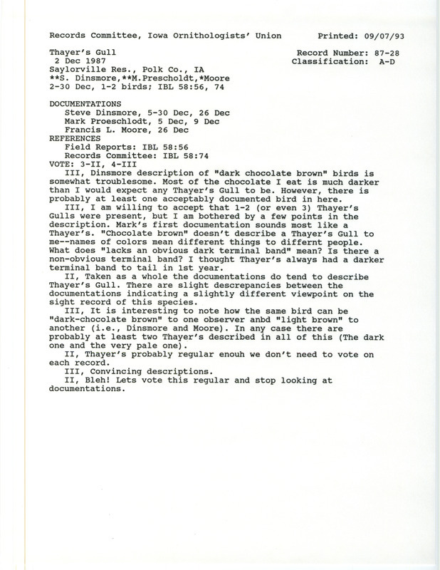 Records Committee review for two or more Thayer's Gulls at Saylorville Reservoir Dam in Polk County, IA on December 2, 1987. Includes a record review document with votes and five documentation forms submitted to the committee.