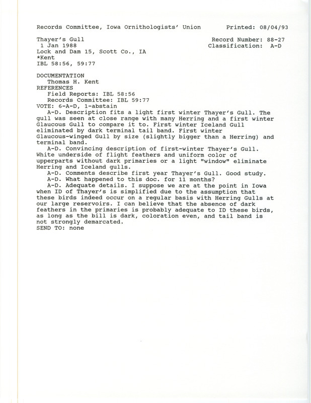 Records Committee review for a Thayer's Gull at Lock and Dam 15 in Davenport in Scott County, IA on January 1, 1988. Includes a record review document with votes and a documentation form submitted to the committee.