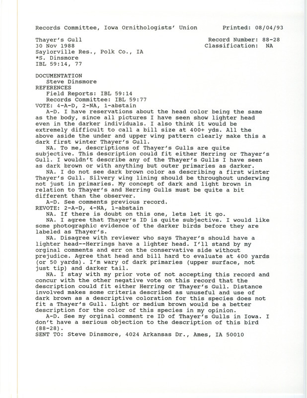 Records Committee review for a Thayer's Gull north of Jester Park at Saylorville Reservoir in Polk County, IA on November 30, 1988. Includes a record review document with votes and a documentation form submitted to the committee.