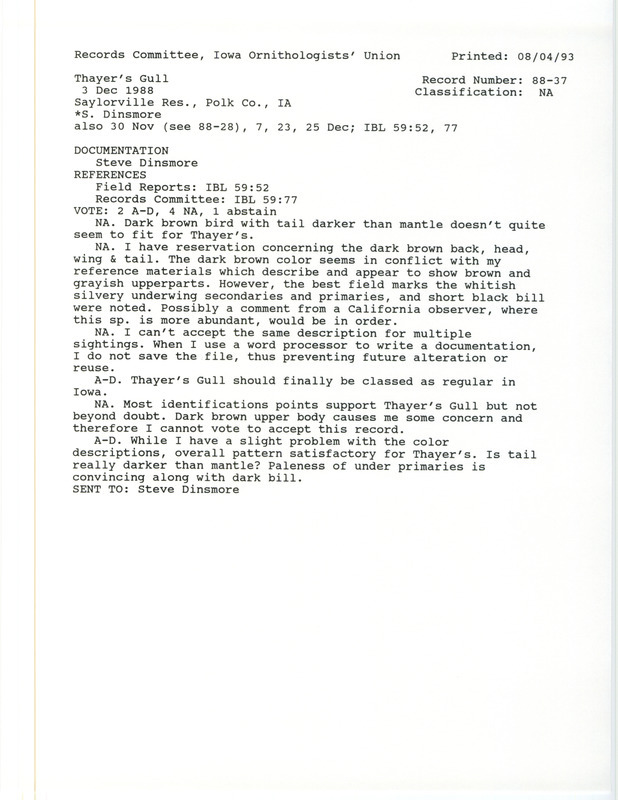 Records Committee review for one to three Thayer's Gulls north of Jester Park at Saylorville Reservoir in Polk County, IA on November 30, 1988. Includes a record review document with votes and a documentation form submitted to the committee.