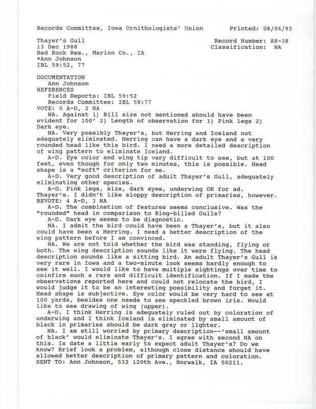 Records Committee review for a Thayer's Gull at Red Rock Dam in Marion County, IA on December 13, 1988. Includes a record review document with votes and a documentation form submitted to the committee.