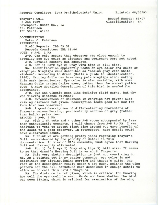 Records Committee review for a Thayer's Gull near Horse Island near Davenport in Scott County, IA on January 2, 1989. Includes a record review document with votes and a documentation form submitted to the committee.