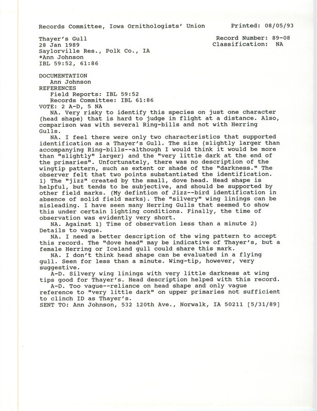 Records Committee review for a Thayer's Gull at Saylorville Dam in Polk County, IA on January 28, 1989. Includes a record review document with votes and a documentation form submitted to the committee.