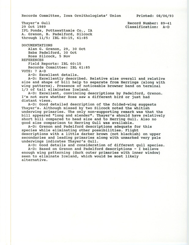 Records Committee review for a Thayer's Gull at IPL Ponds in Pottawattamie County, IA on October 29, 1989. Includes a record review document with votes and three documentation forms submitted to the committee.