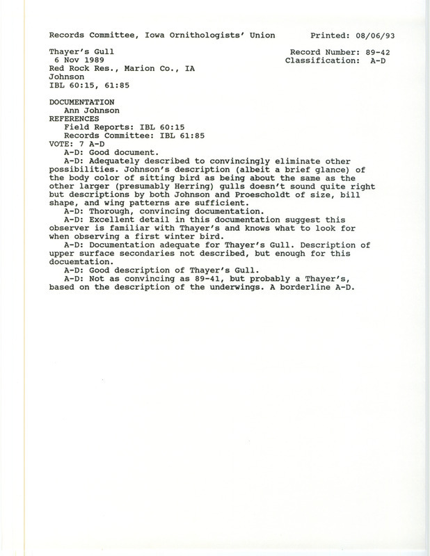 Records Committee review for a Thayer's Gull at North Overlook Beach at Red Rock Reservoir in Marion County, IA on November 6, 1989. Includes a record review document with votes and a documentation form submitted to the committee.