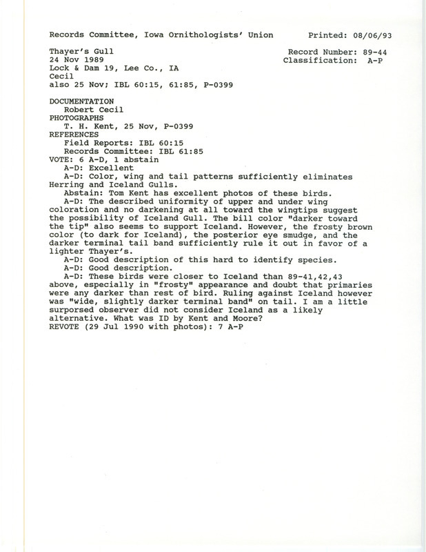 Records Committee review for two Thayer's Gulls at Lock and Dam 19 at Keokuk in Lee County, IA on November 24, 1989. Includes a record review document with votes, four photographs, and a documentation form submitted to the committee.