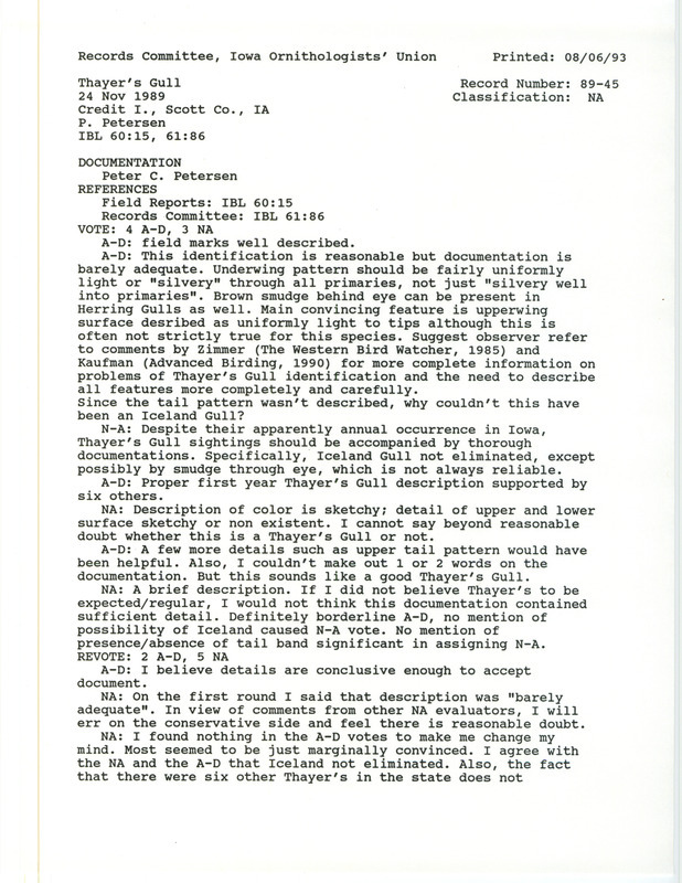 Records Committee review for a Thayer's Gull at Credit Island in Scott County, IA on November 24, 1989. Includes a record review document with votes and a documentation form submitted to the committee.