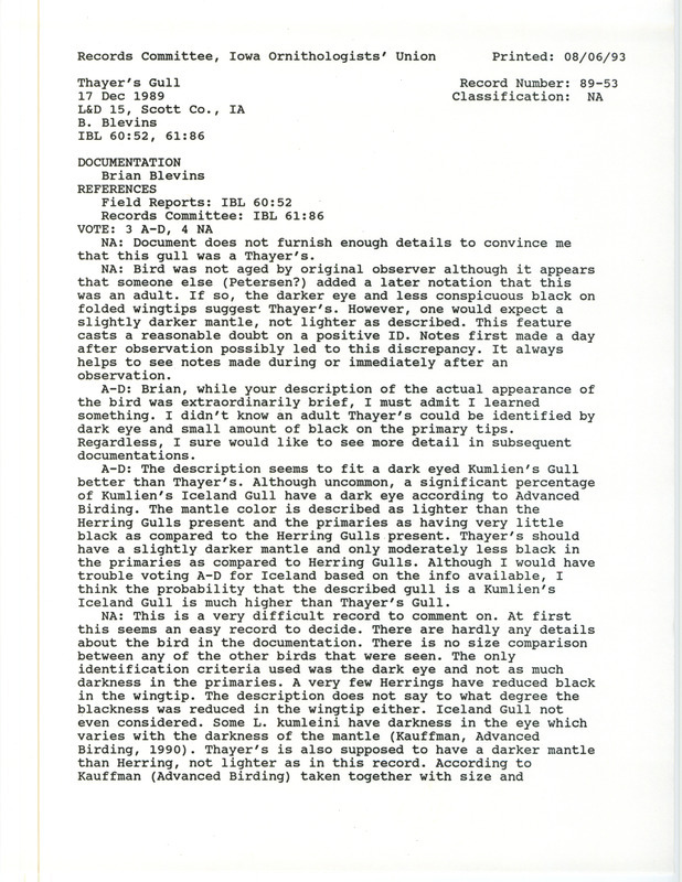 Records Committee review for a Thayer's Gull at Lock and Dam 15 in Davenport in Scott County, IA on December 17, 1989. Includes a record review document with votes and a documentation form submitted to the committee.