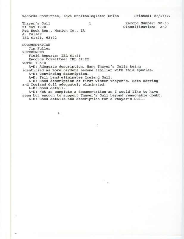 Records Committee review for a Thayer's Gull at Red Rock Dam in Marion County, IA on November 21, 1990. Includes a record review document with votes and a documentation form submitted to the committee.