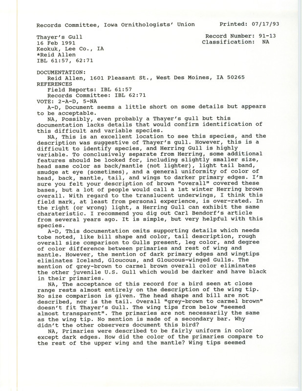 Records Committee review for a Thayer's Gull at Lock and Dam 19 at Keokuk in Lee County, IA on February 16, 1991. Includes a record review document with votes and a documentation form submitted to the committee.